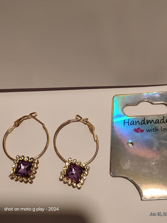Jewelry - Handmade Gold-Tone Hoop Earrings with Purple Gem